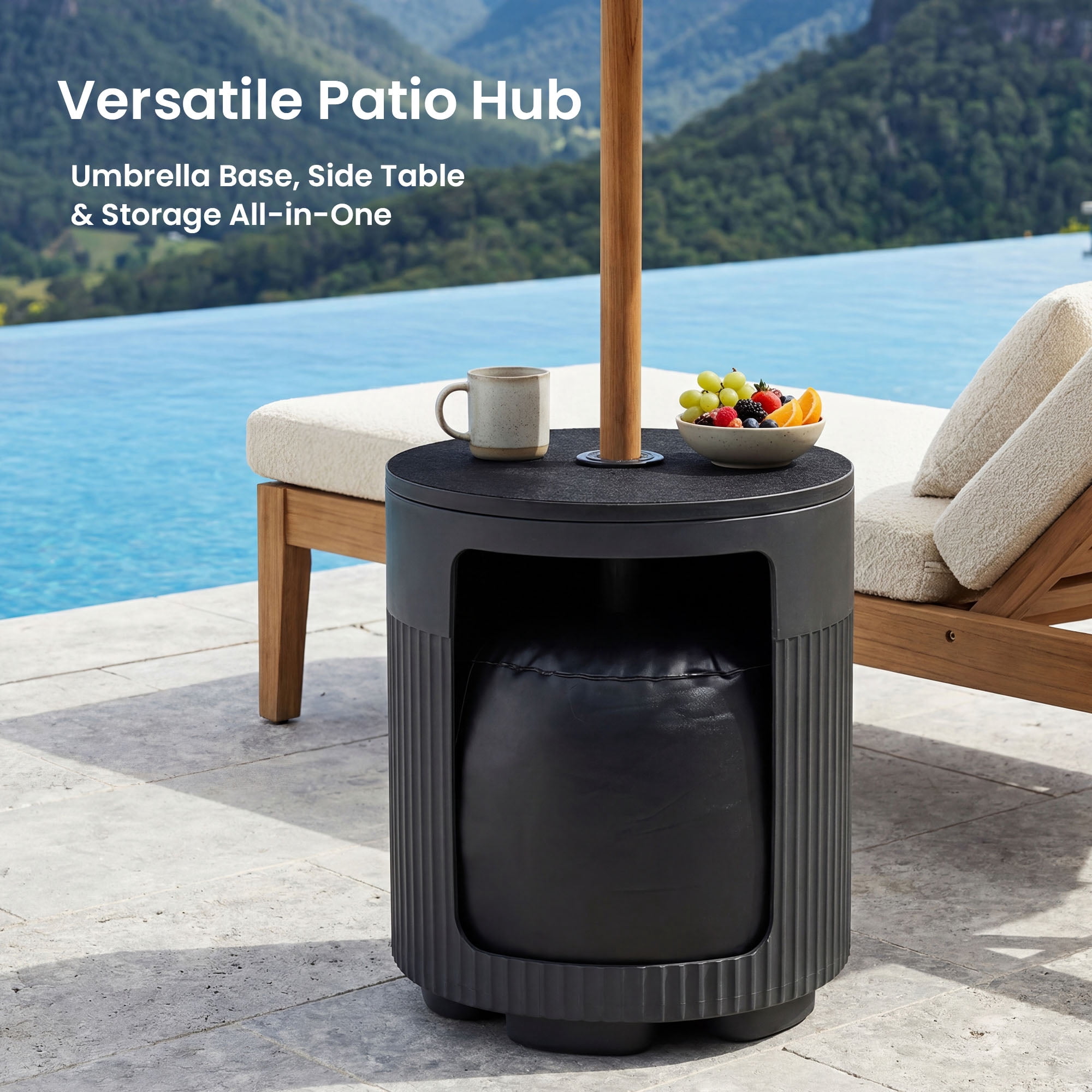 VENTOPYR 14.6" Umbrella Side Table with Water Bag, Weighted Patio Stand for 1.5"-1.9" Poles, Holds 66 lbs – Portable for Outdoor, Black