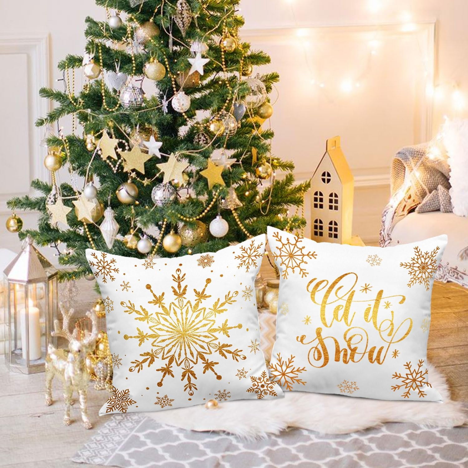 White and Gold Bronzing Christmas Throw Pillow Covers 18x18 Set of 4, 18 inch Decorative Xmas Cushion Covers Pillow Cases for 18 x 18 Home Bedroom Room Holiday Couch Decor Decorations