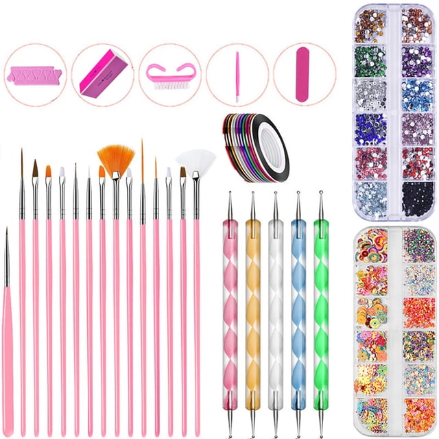 Kit de decoración de uñas, kits de decoración de uñas, con 15 pinceles, 5 bolígrafos de puntos, 10 cintas de rayas, 3 cajas de diamantes de imitación para uñas, kit profesional de accesorios para decoración de uñas JM