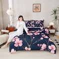 thumbnail image 4 of Manfei Pink Cherry Blossoms Full Size Comforter Sets, Japanese Style Bedding Comforter Set, Vintage Oil Printing Reversible Bedding Sets, Microfiber Bedroom Decor, 3-Piece, 4 of 8