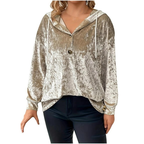 Plus Size Women's Gold Velvet Hoodies Coats Button Down V Neck Shirts Casual Jacket with Drawstring