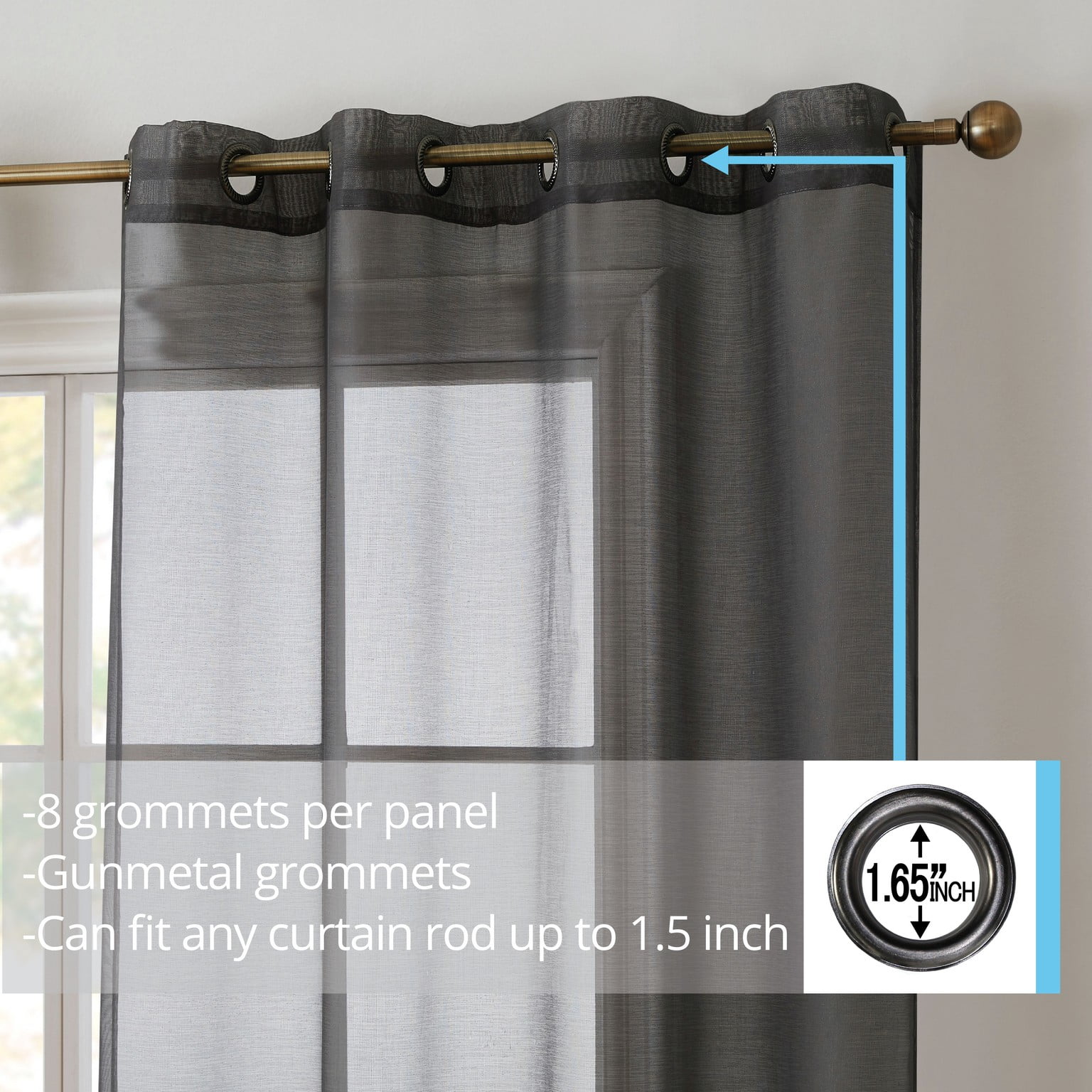 THD Vicky Semi Sheer Voile Window Curtain Grommet Top Panels for Bedroom & Living Room - Set of 2 (Charcoal Grey, 54 W x 72 L per panel)