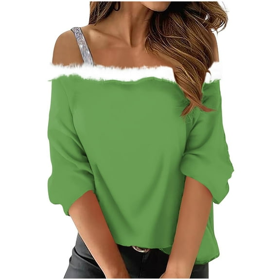 qelini 3/4 Sleeve Shirts for Women Christmas Furry Off Shoulder Neck Pullover Solid Tops Dressy Holiday Blouses