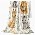 thumbnail image 2 of Safari Zoo Animal Nursery Woodland Watercolor Playroom Baby, Playful Woodland Scene, Warm Flannel Blanket for Cabin, Wildlife Lovers Housewarming Gift, Botanical Home Decor, 2 of 9