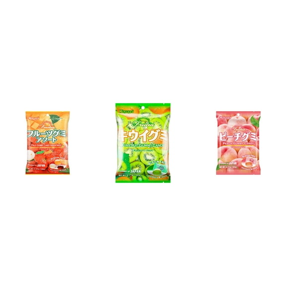 3 Pack Kasugai Gummy Candies, Made in Japan, Gluten Free, Mix 3 Flavor (Assortment,Kiwi,Peach) Plus NineChef Brand Long Handle Coffee Spoon