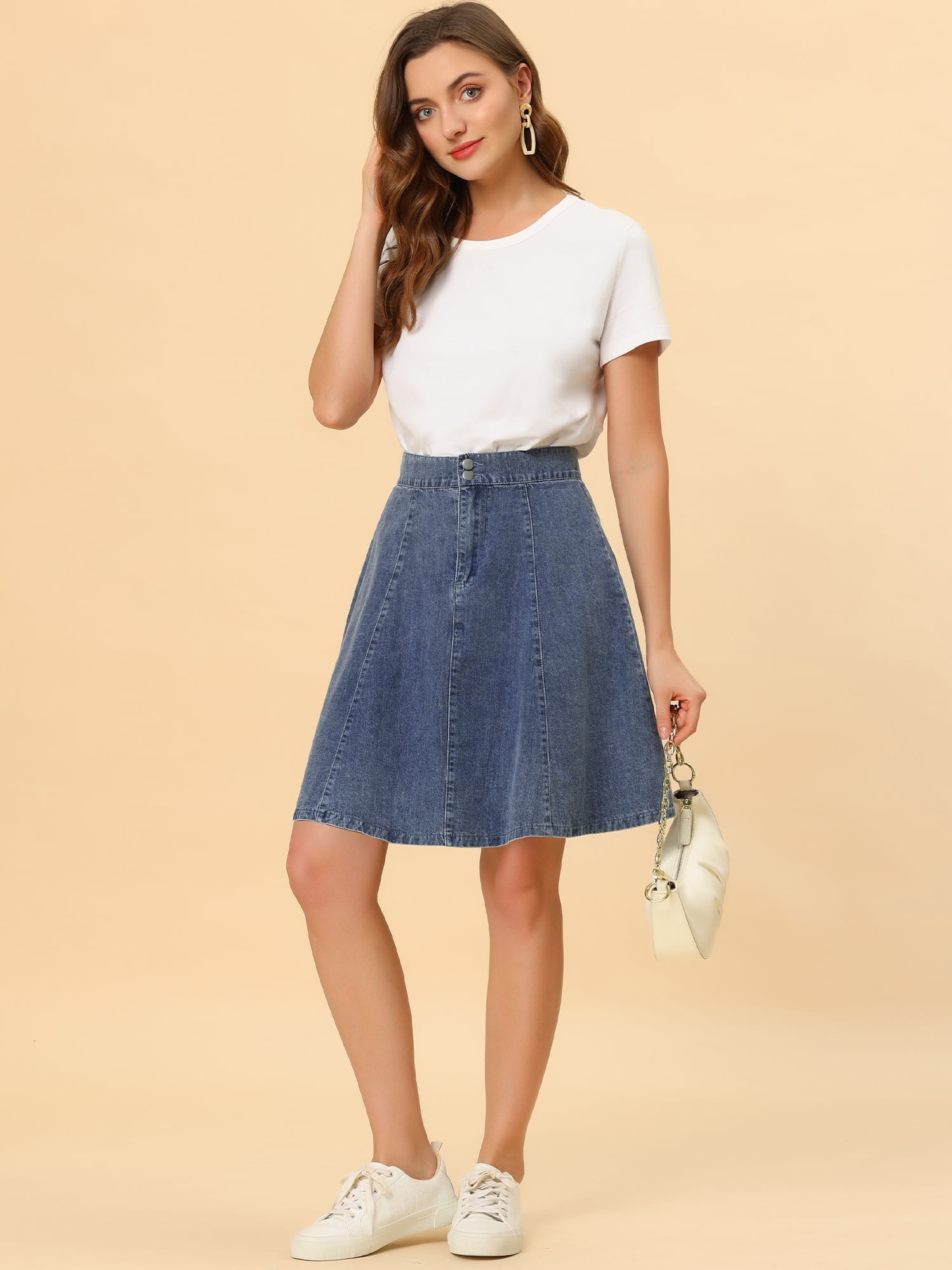 DARING DIVA Women's A-Line Flared Pleated Midi Denim Skirt XS Light Blue