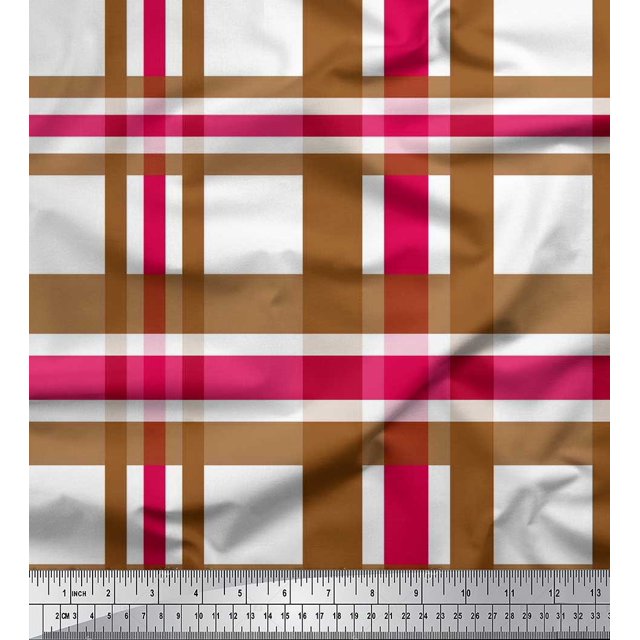 Soimoi Pink polyester Crepe Fabric Gingham Check Printed Fabric 1 Yard 52 Inch Wide