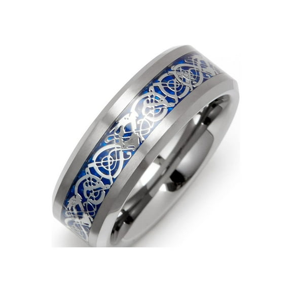 Mens Men's Blue Dragon Design Tungsten Ring, Ring Size 13