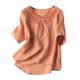 thumbnail image 2 of Fiudx Tops para Mujer Camiseta Holgada Informal de Color Sólido para Primavera y Verano para Mujer, Tops Bordados de Manga Corta con Cuello En V, Blusa de Algodón y Lino, 2 of 7