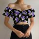 thumbnail image 2 of Blusa corta fruncida con hombros descubiertos y estampado de manga corta sin tirantes para mujer Pompotops  hkajfhjk473554, 2 of 6