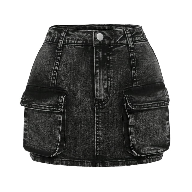 Teen Girl Flip Front Pocket Denim Skirt - Cotton Polyester Blend, Button Waist, Figure-Hugging Style - Solid Color - Ages 13-16