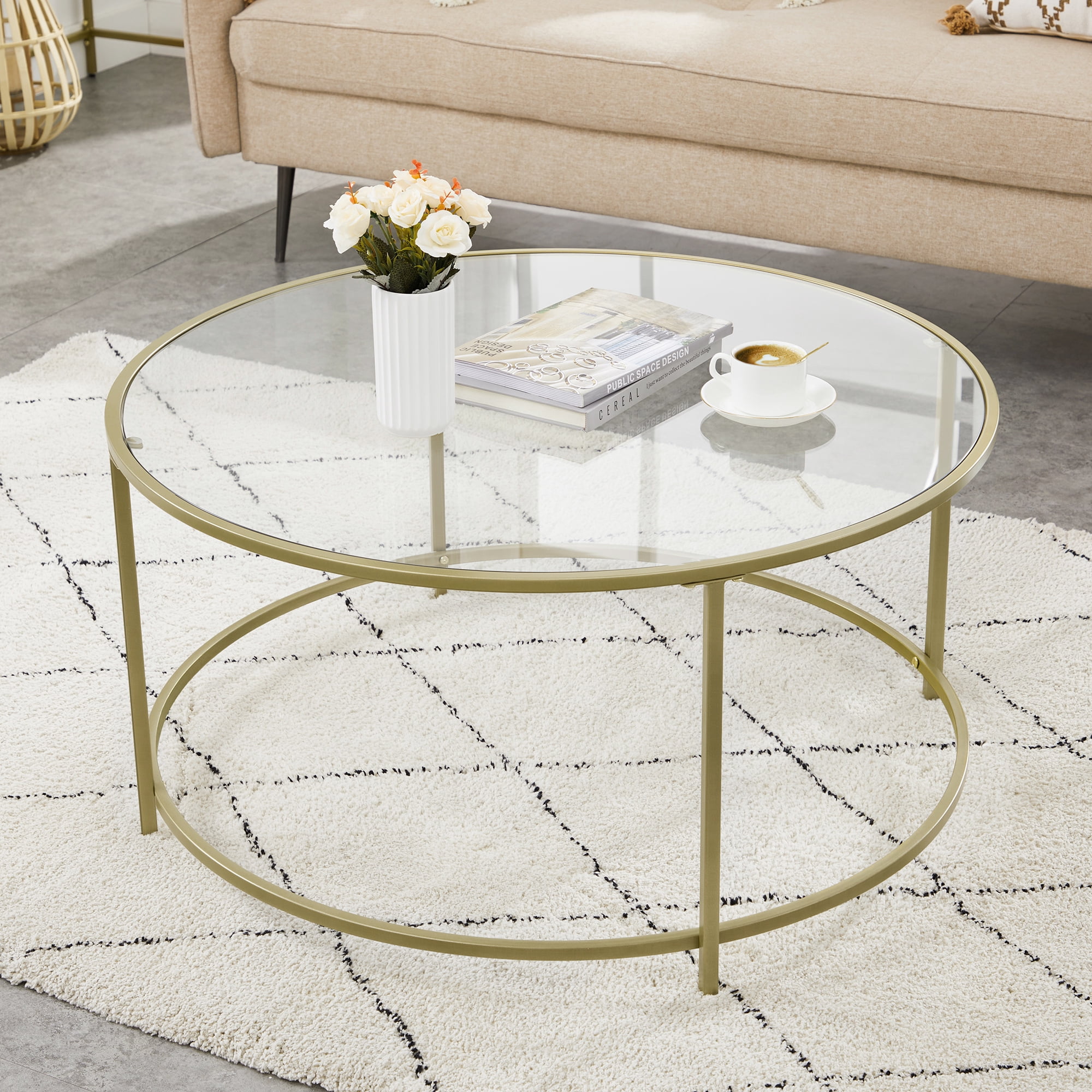 VASAGLE Round Coffee Table, 35.4-Inch Dia. Glass Table with Golden Steel Frame, Living Room Table, Sofa Table, Robust Tempered Glass, Stable, Gold