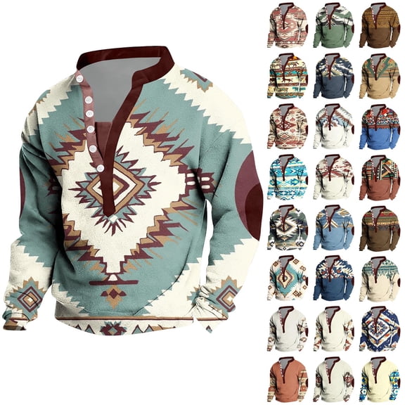 Xcmzpl Long Sleeve Shirts for Men Button up V Neck Henley Shirt Vintage Aztec Cow Ethnic Graphic Tees Casual Loose Westerna Tshirts