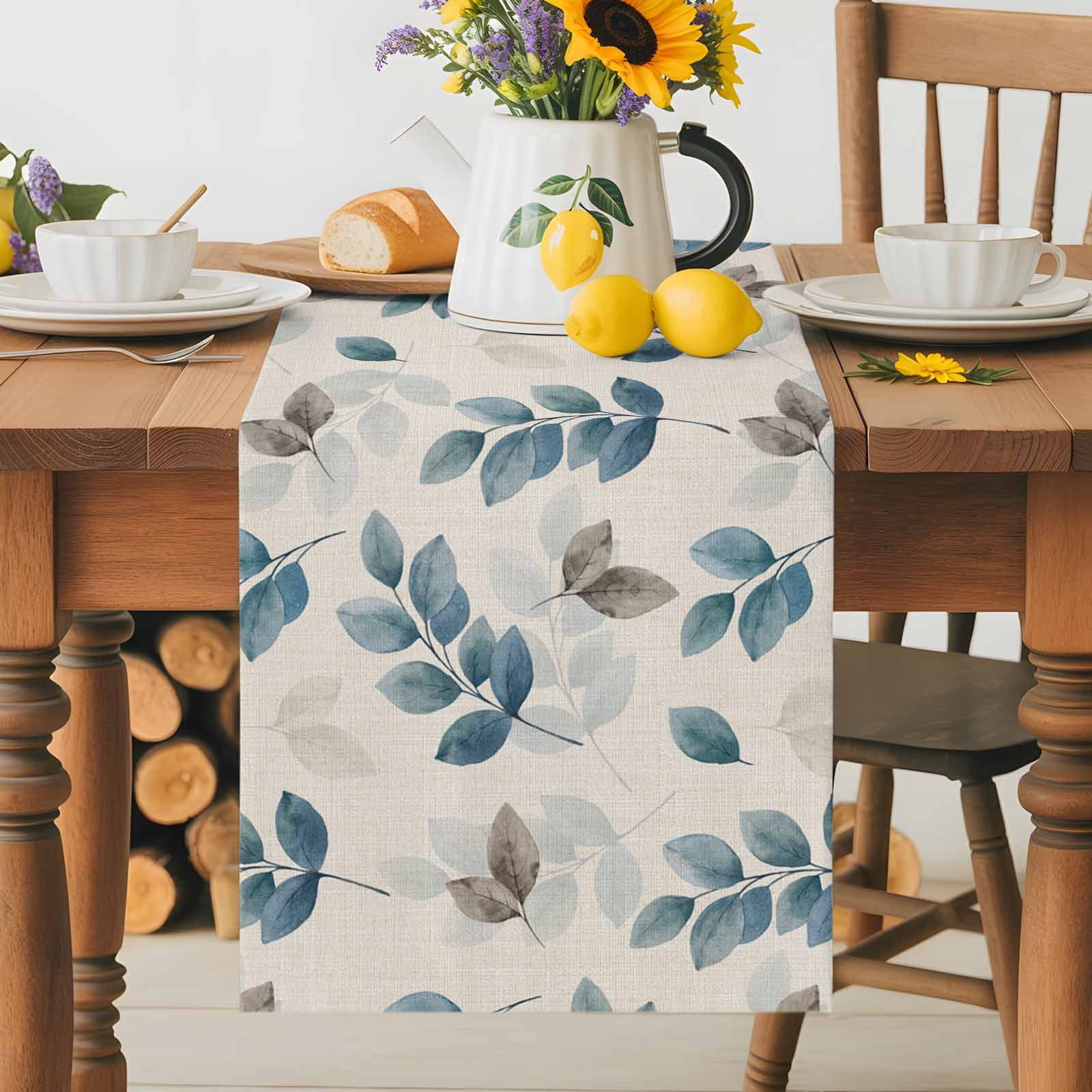 Watercolor Eucalyptus Leaves Blue Grey Table Runner 90 Inches Long, Country Botanical Retro Linen Table Runners Tabletop Scarf Kitchen Dining Tables Decoration for Home Party Indoor Outdoor
