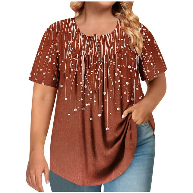 Cinvoph T-Shirts d'Été Grande Taille pour Femmes Col Rond Imprimé Manches Courtes Hauts Décontractés Blouses de Bureau Amples