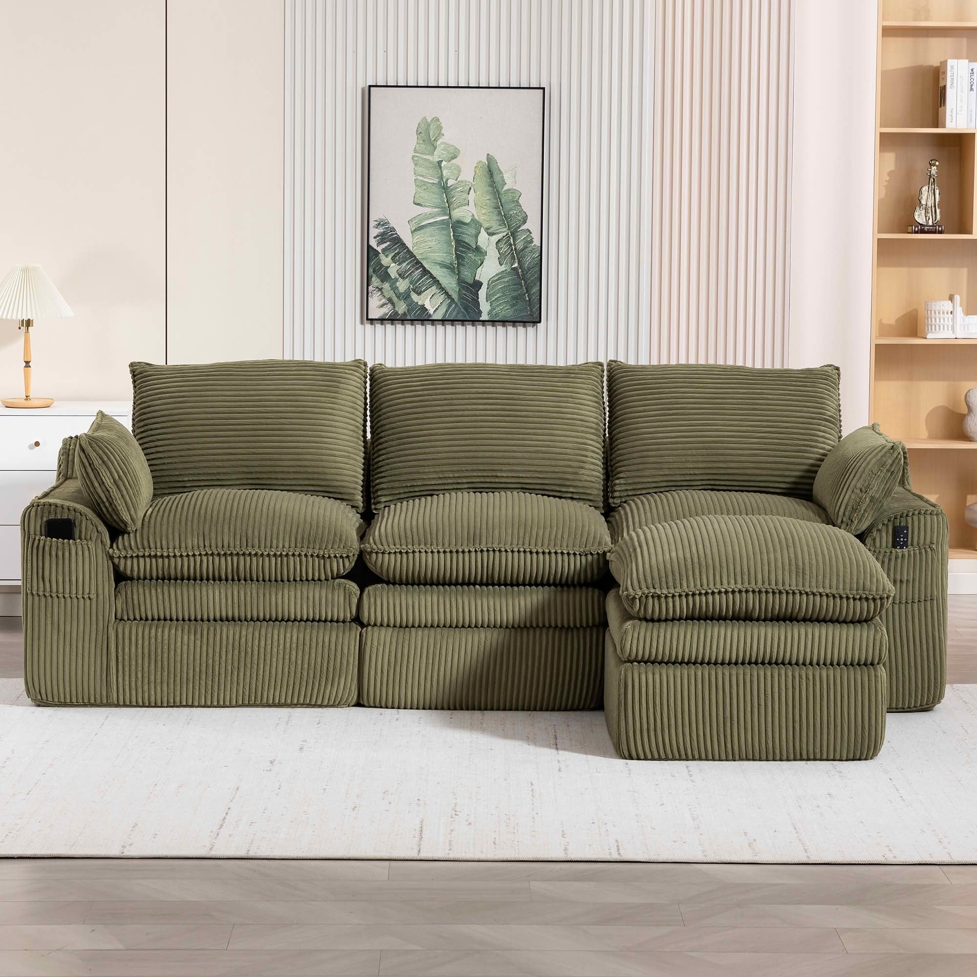 MAYEERTY Modular L Shape Corduroy Sectional Sofa, Compressed Boneless Cloud Couch with Footstool & Pillows for Small Living Space
