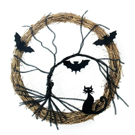 

37cm Lighted Halloween Garland for Front Door Decor Black Bat Cat Garland Pendant Halloween Home Party Decor Supplies