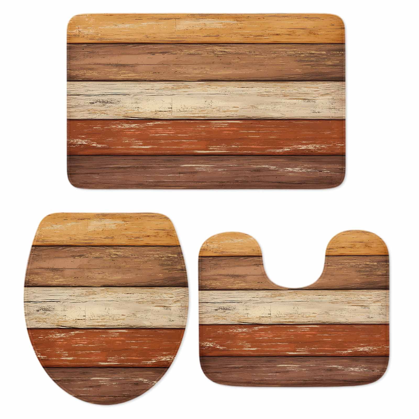 3 Piece Bathroom Rug Set, Orange Brown Wood Grain Non Slip Bath Mat with Contour Toilet Mat and Lid Cover, Vintage Farmhouse Country Style Absorbent Soft Shower Mats for Bathroom