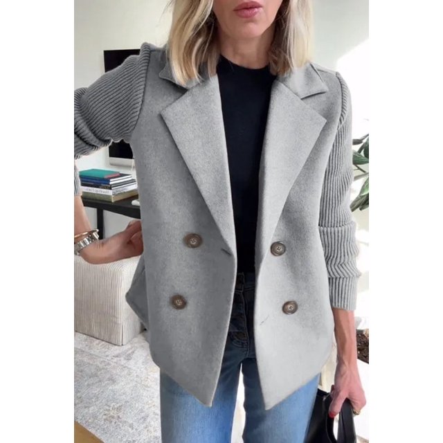 Women's Spring Wool Blend Double-Breasted Coat Solid Color Regular Fit Long Sleeve Suit Jacket Brown