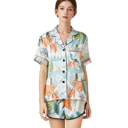 

EFINNY Women s Satin Pajamas Short Sleeve Sleepwear Soft Silk Button Down Loungewear Pjs Shorts Set