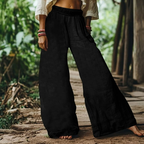 Bzhegqhd Women's Solid Elastic Waistband Cotton and Linen Boho Cropped Wide-leg Casual Trouser Pants with Pocket