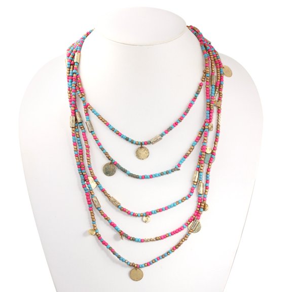 TAZZA WOMEN'S GOLD TURQUOISE AND PINK BEADS LAYERED NECKLACE