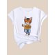 thumbnail image 3 of Camiseta informal de manga corta con cuello redondo para mujer, con gafas de sol modernas y estampado de gato de dibujos animados, ideal para deportes de ocio., 3 of 7