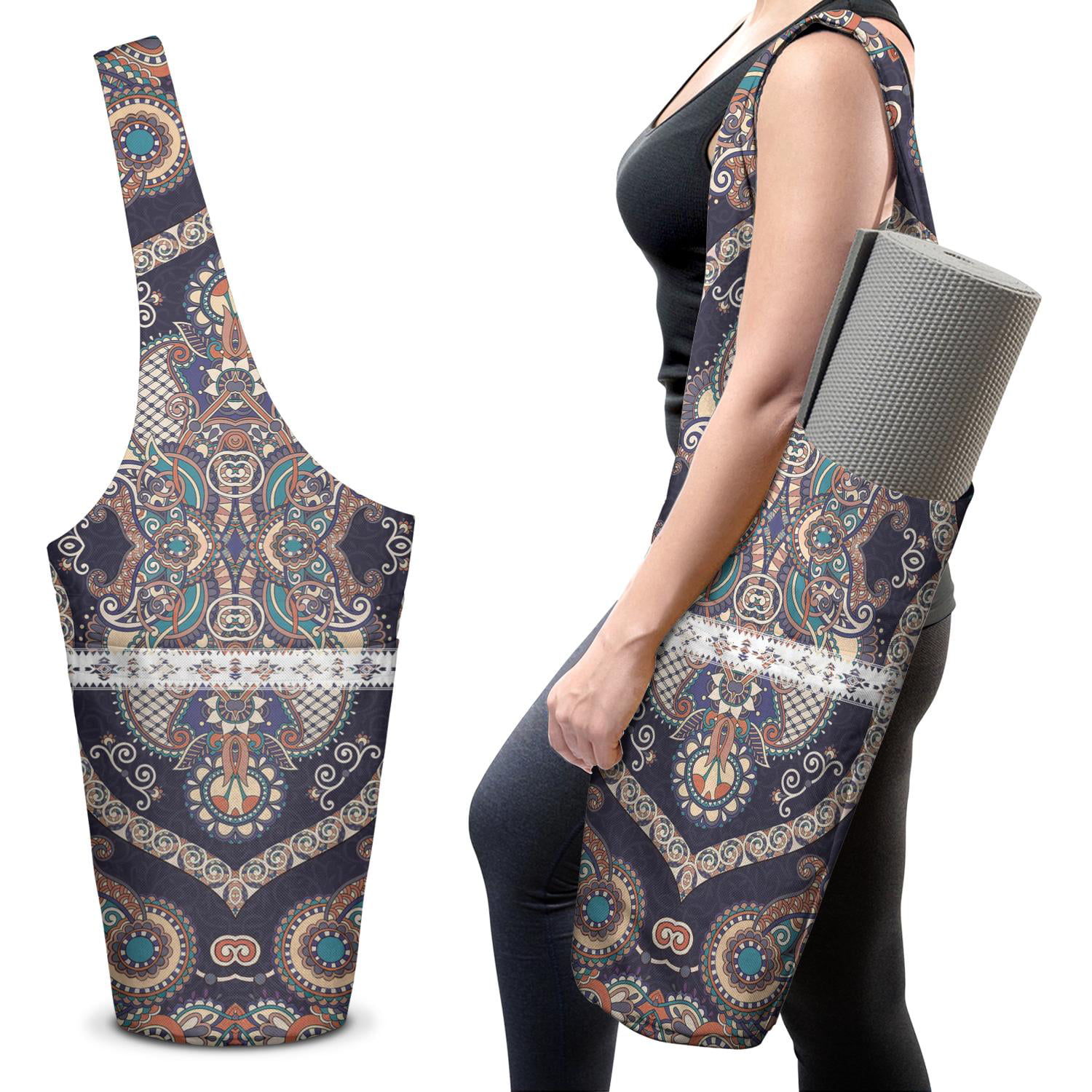Fashion Printed Yoga Mat Bag with Large Side Pocket & Zipper Pocket Long Tote  Yoga Bag Fit Most Size Mats - Holds More Yoga Accessories Mandala Black  37x15.5
