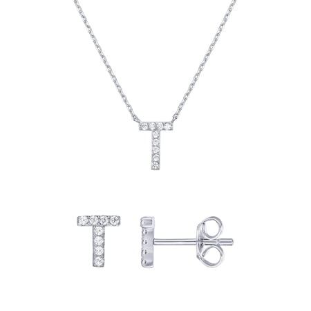 Pavoi Women's Rhodium Flash Plated Initial Letter Stud Earrings & Monogram Necklace Set, Letter T