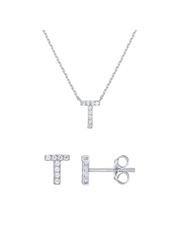 Women's Rhodium Flash Plated Initial Letter Stud Earrings & Monogram Necklace Set, Letter T