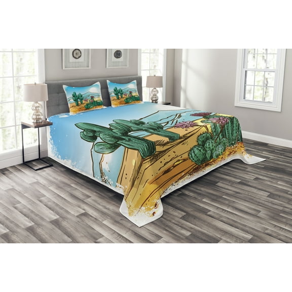 Ambesonne Cactus Quilted Bedspread Set 3 Pcs, Cartoon Vector Design, Queen Size, Multicolor