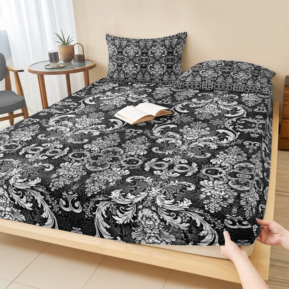 Cal.King Size Fitted Sheet Set - Black and White 3 Piece Bedding Sets 16" Deep Pocket Fitted Sheet with 2 Pillowcases, Modern Luxurious Geometric Abstract Art Brushed Microfiber Hotel Bed Sheets