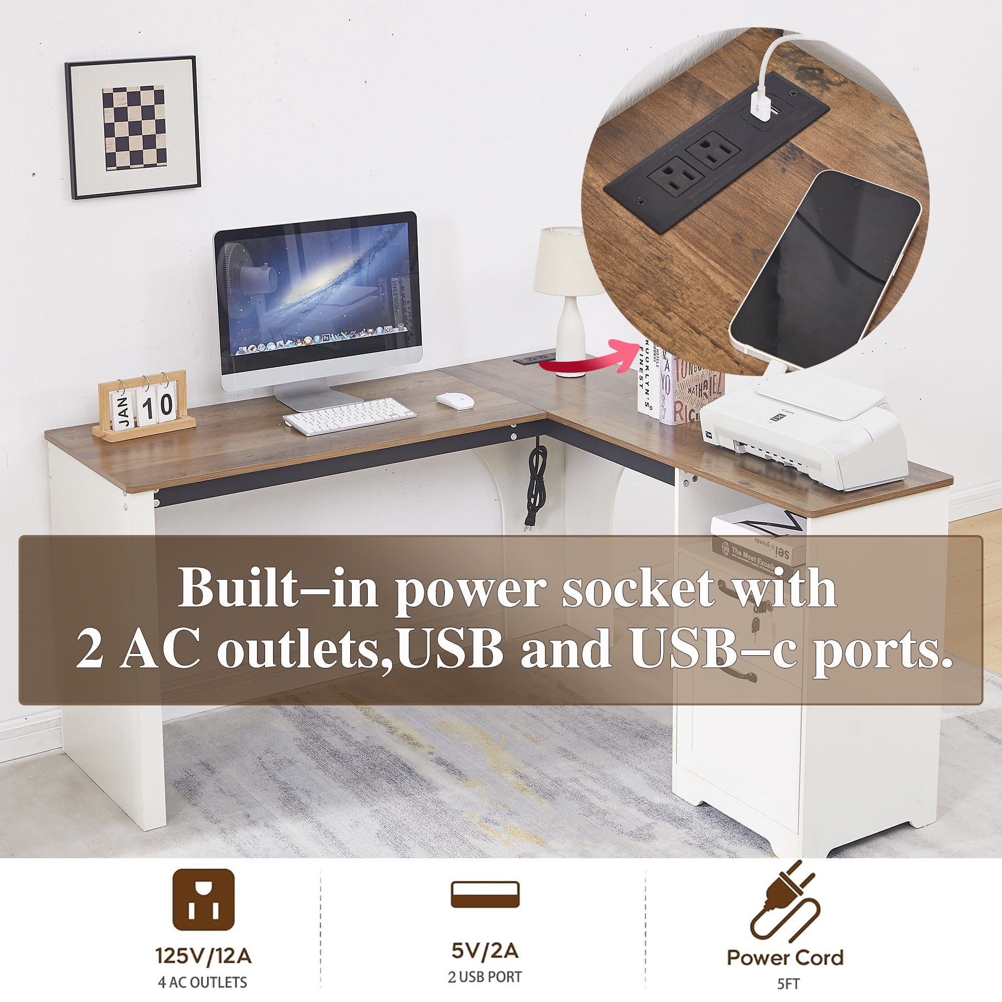 Haooyeah Lift Top L-Shaped Standing Desk with Power Outlet, Sit-Stand Corner Computer Desk with Drawers, Lockable File Cabinet & Monitor Stand, White