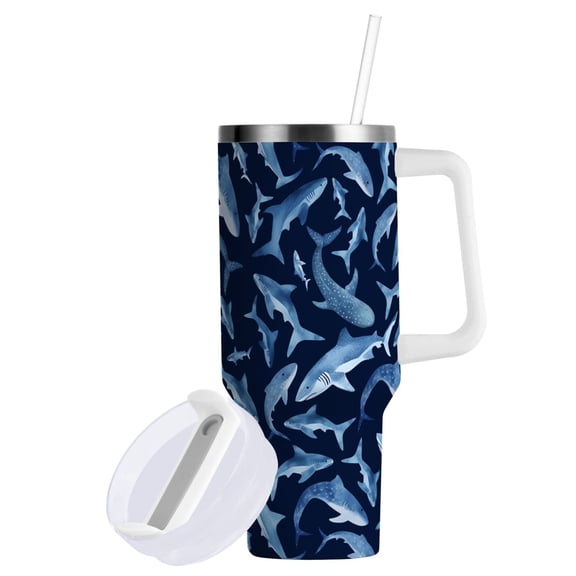 Yayeee 40oz Stainless Steel Tumbler with Straw and Handle Double-Wall Insulated Travel Water Bottle, Watercolor Shark Pattern
