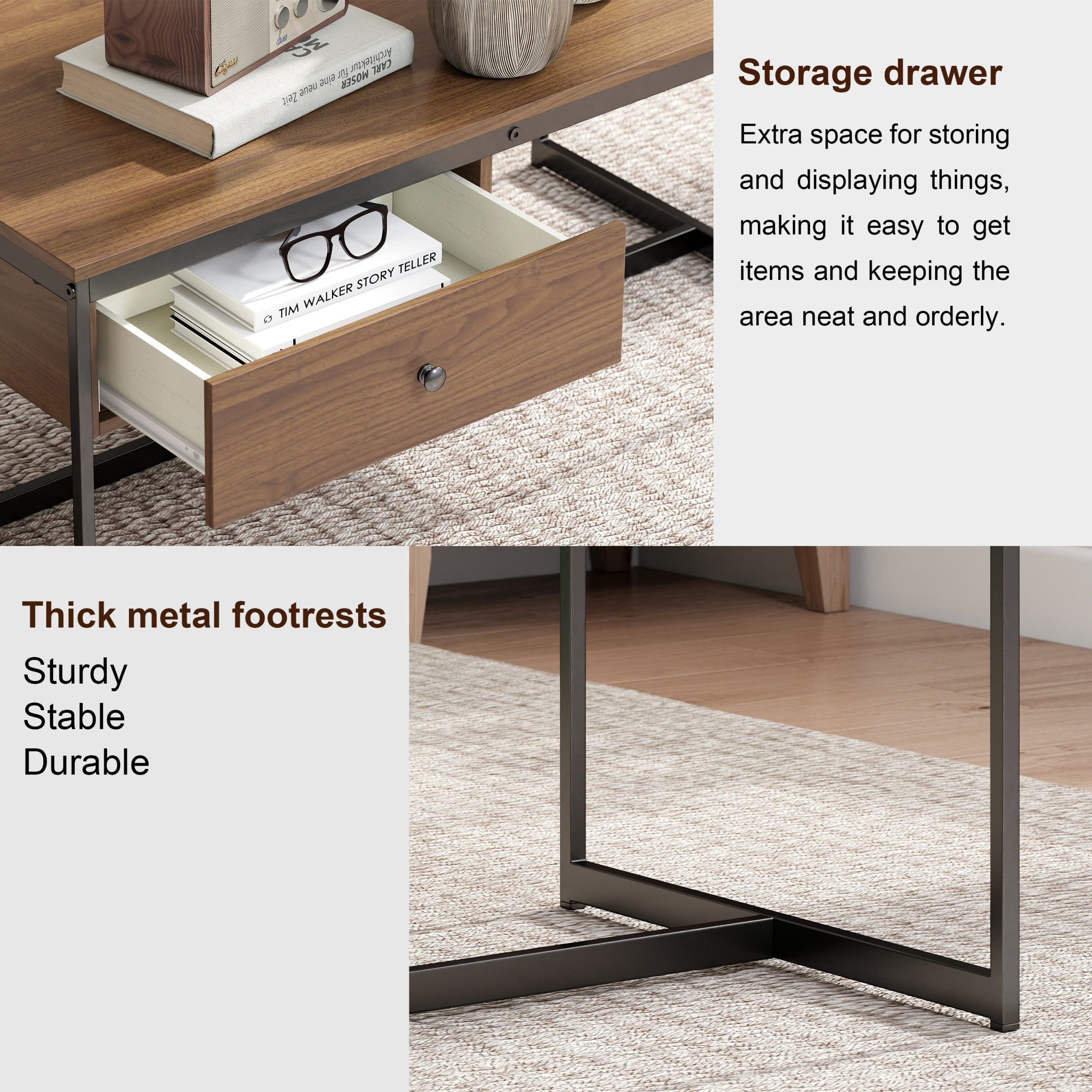Manxile Industrial Rectangle Wood Coffee Table Metal Cocktail Table with Drawer, Walnut