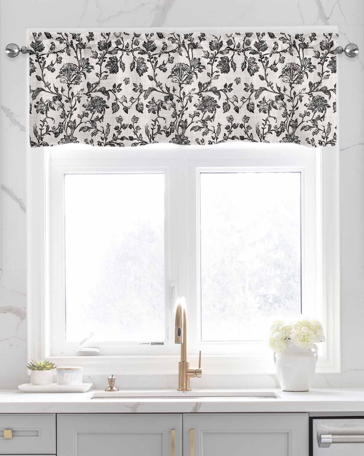 Farmhouse Black Kitchen Valances for Windows Farmhouse Linen Window Valance Curtain for Living Room Window Treatment Vintage Flower Leaf Botanical Plant Valance Rod Pocket Topper Drape, 54 x 18 Inch