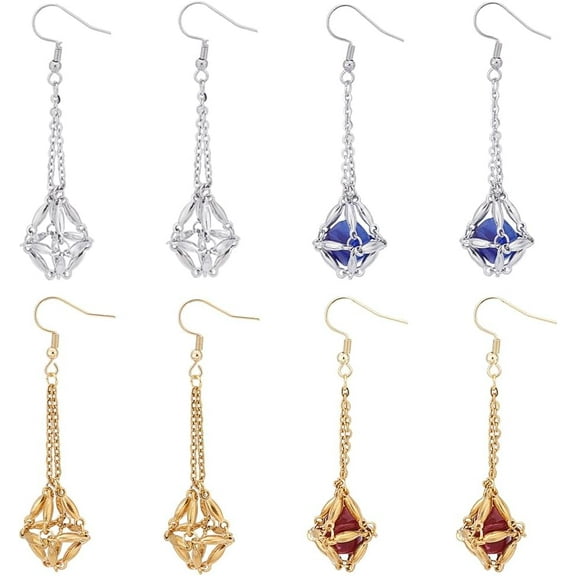 8pcs 2 Colors Holder Adjustable Earring Cage Pearl Beads Stone Holder Earring Cage Empty Net Earring Settings with Hooks for Jewelry Making DIY Crafts Golden & Silver 2.7 inch