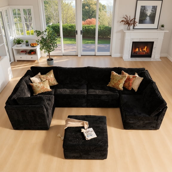 Ovios 130" Modular Sectional Sofa U Shaped Couch with Ottoman 7-Seater Extra Deep Seat Convertible Cloud Couches for Living Room, Black