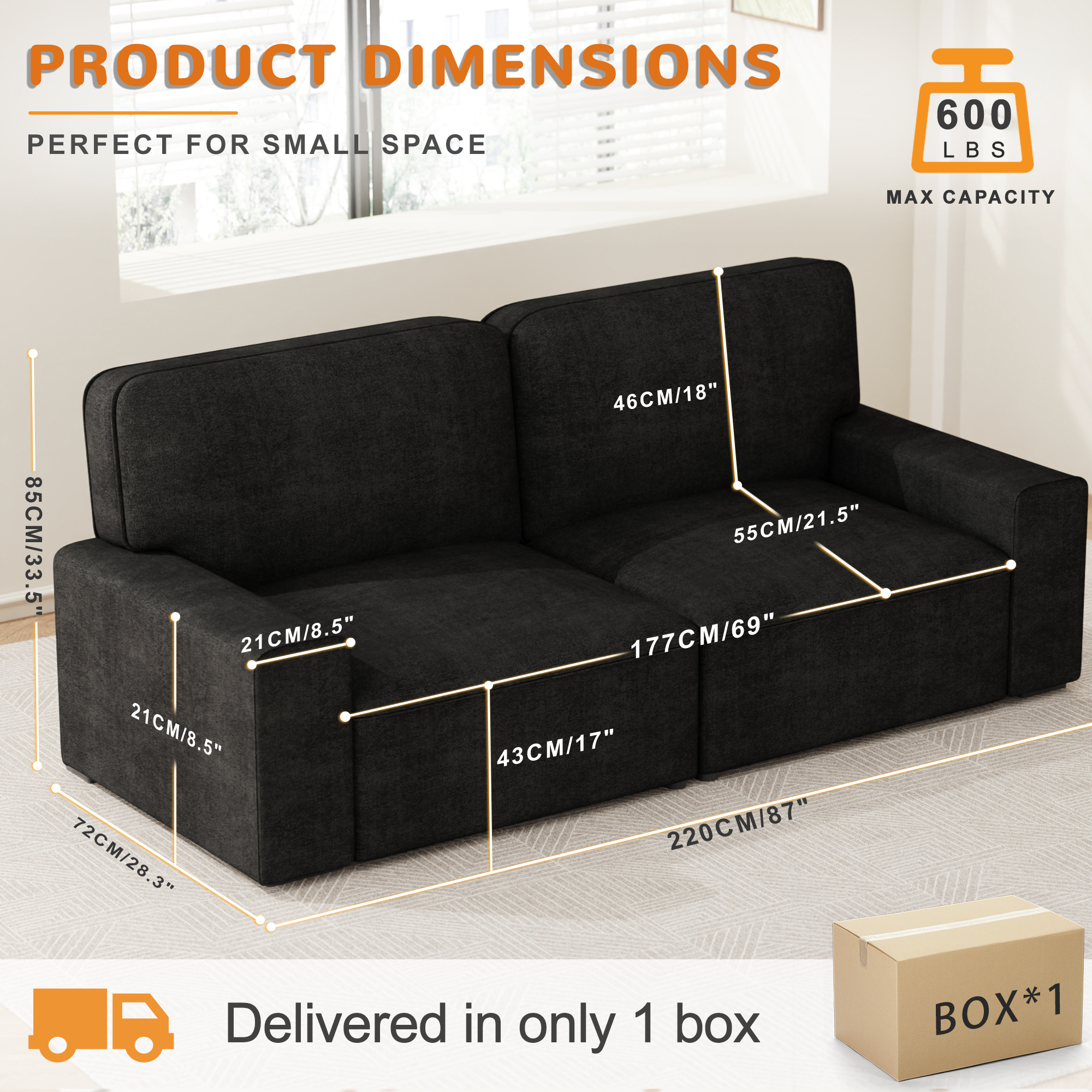 AAQZ 87" Comfy Sofa for Living Room, 3 Seater Chenille Fabric Couch for Small Space, Dark Gray