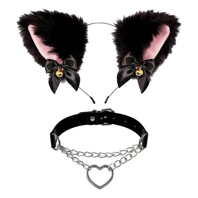 Juego de 2 diademas y collar de peluche para niñas Jinwen Gargantilla de cadena cintas para el pelo con orejas de gato