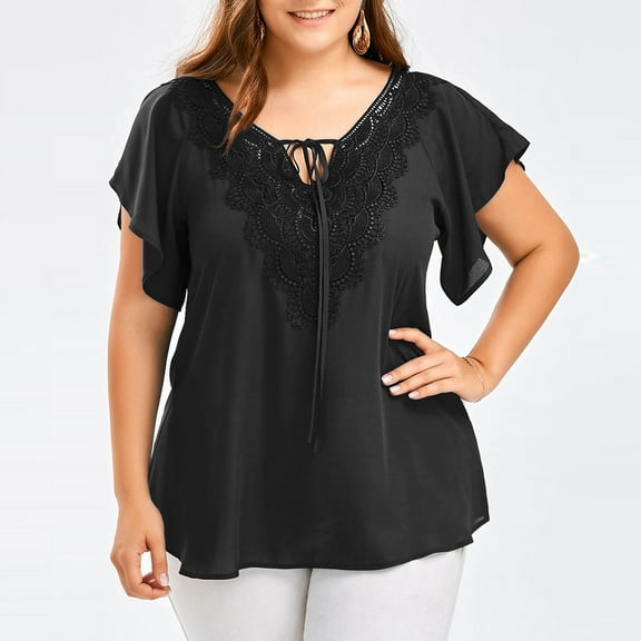 iHengLiXing 2025 Plus Size Spring Tops for Womens Dressy Casual Fashion women Casual V-Neck Solid Print Lace Short Sleeve T-Shirt Summer Plus Size Tops Black XXL