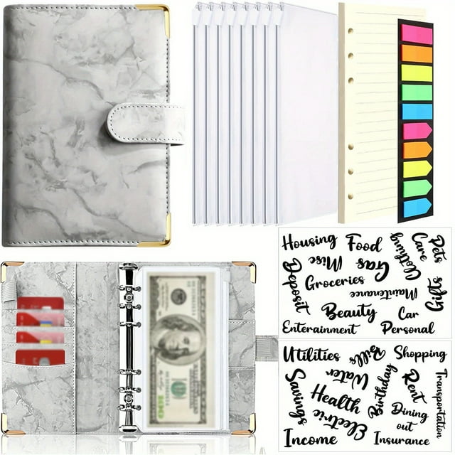 Stay Organized & Save Money: Marble A6 Budget Binder with 8 Cash Envelopes, 40