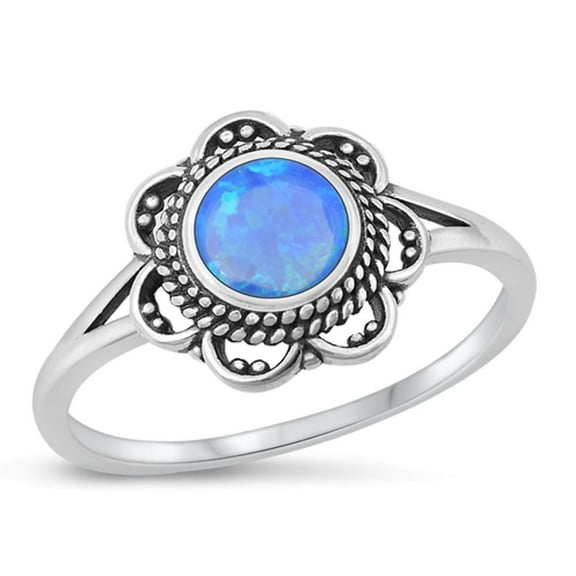 CHOOSE YOUR COLOR Blue Simulated Opal Ring .925 Sterling Silver Bali Style Flower Band CZ Female Size 10