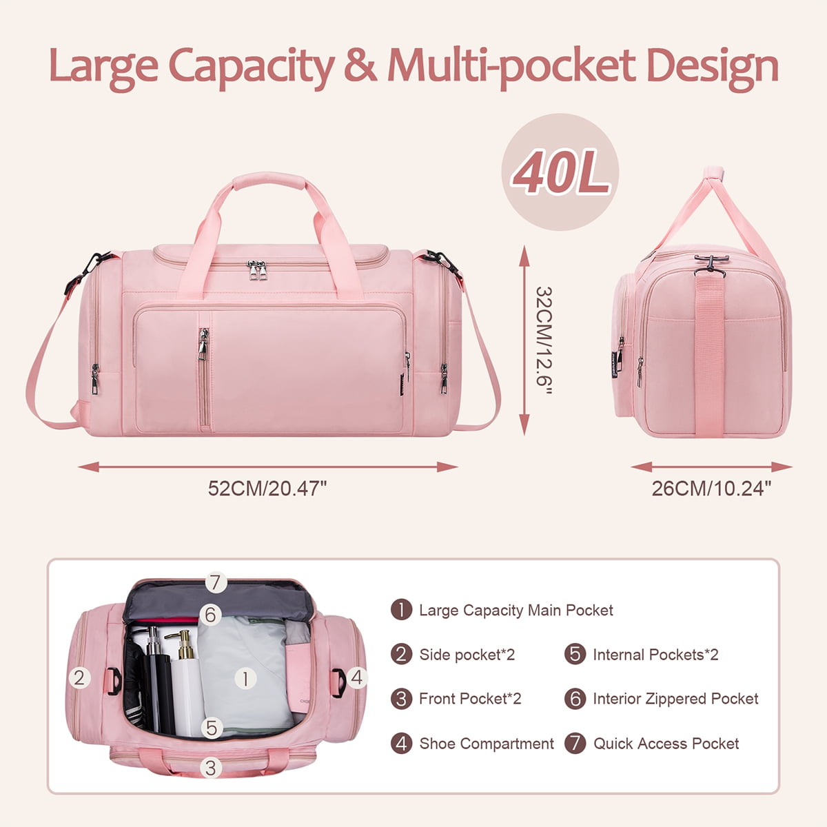 XUEYU Gym Duffle Bag Backpack Waterproof Sports Duffel Bags Travel Weekender Bag for Men Women Overnight Bag with Shoes Compartment Pink