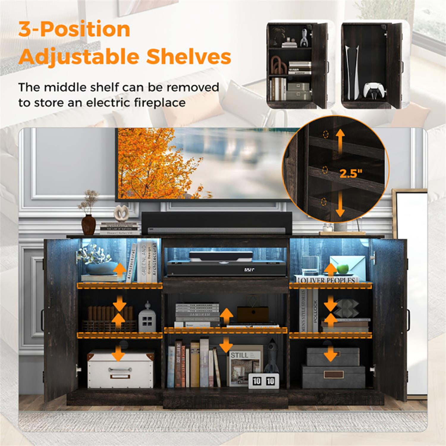 Demi Bonn TV Stand for 65" TVs, Entertainment Center with 20 Color Led Lights, Modern Media TV Console Table for Living Room Bedroom, Brown