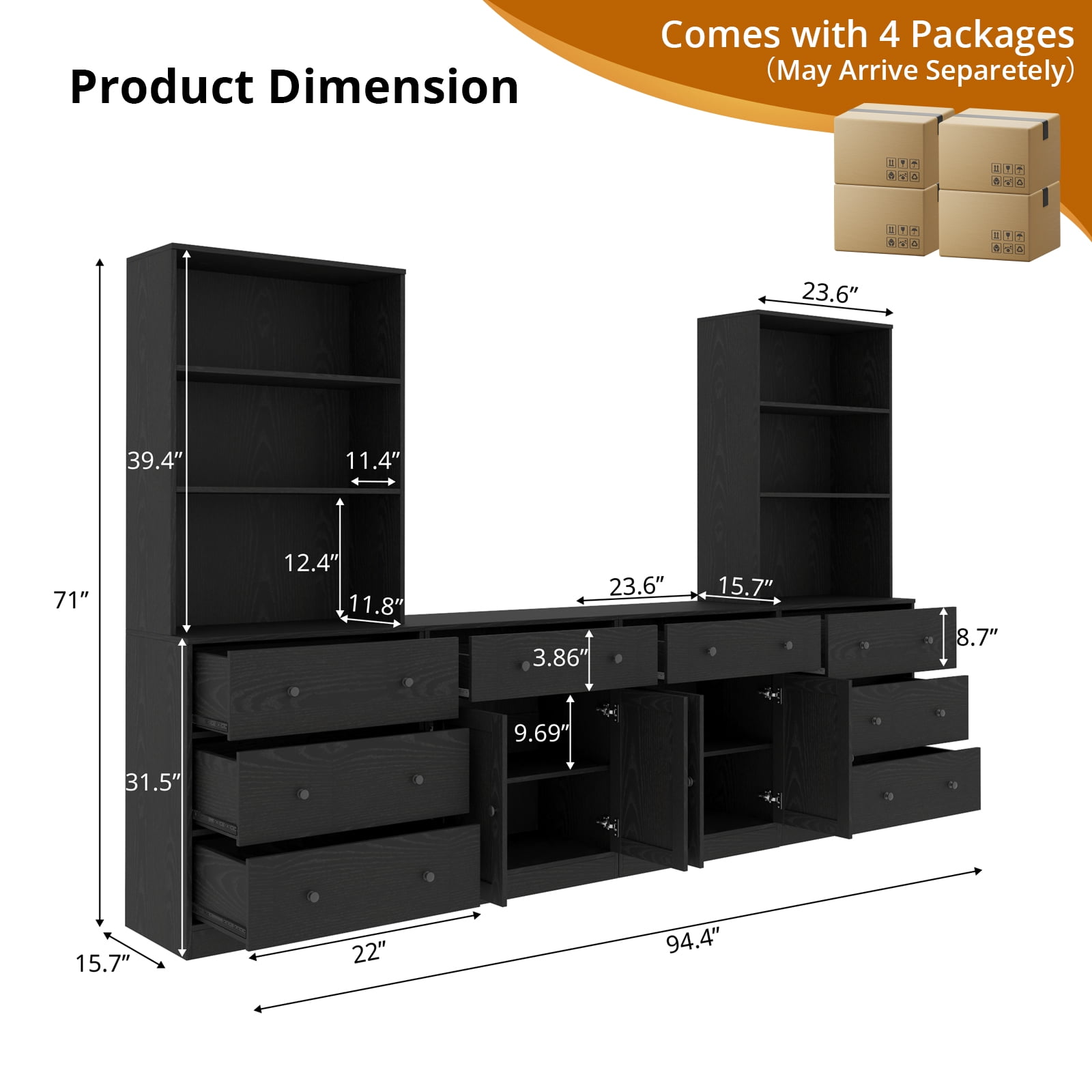 RichYa Kitchen Pantry Storage Cabinets,94.4''W Modular Furniture Cabinets with Hutch,Sideboard Buffet Cabinet with Doors and Shelves for Dining Room,Living Room,Black