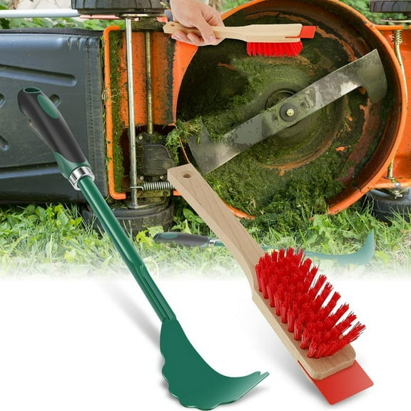 Mower Deck Scraper with Ergonomic Long Handle, Lawn Mower Deck Cleaner Tool with Stiff Bristle Brush, Lawn Mower
