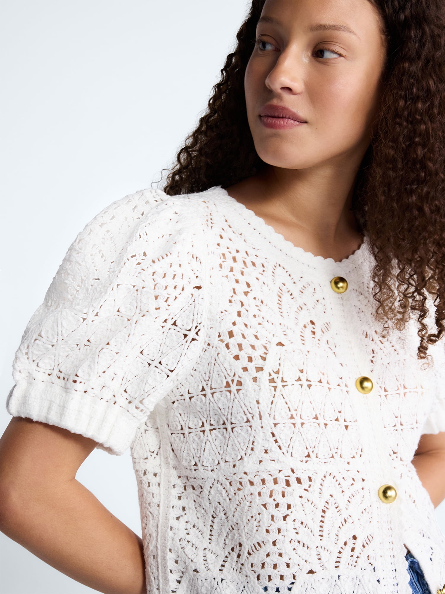 Free Assembly Women's and Women's Plus Pineapple Cardigan Sweater with Short Puff Sleeves, Lightweight, Sizes XS-4X