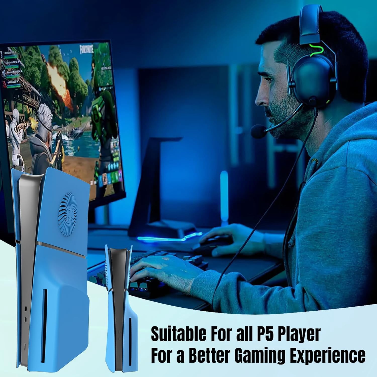 for PS5 Slim Console Faceplate Cover, Custom Replacement Skin Case ABS Cover Plates Side Shell for PS5 Slim Disc Edition (Light Blue, with Cooling Vents)