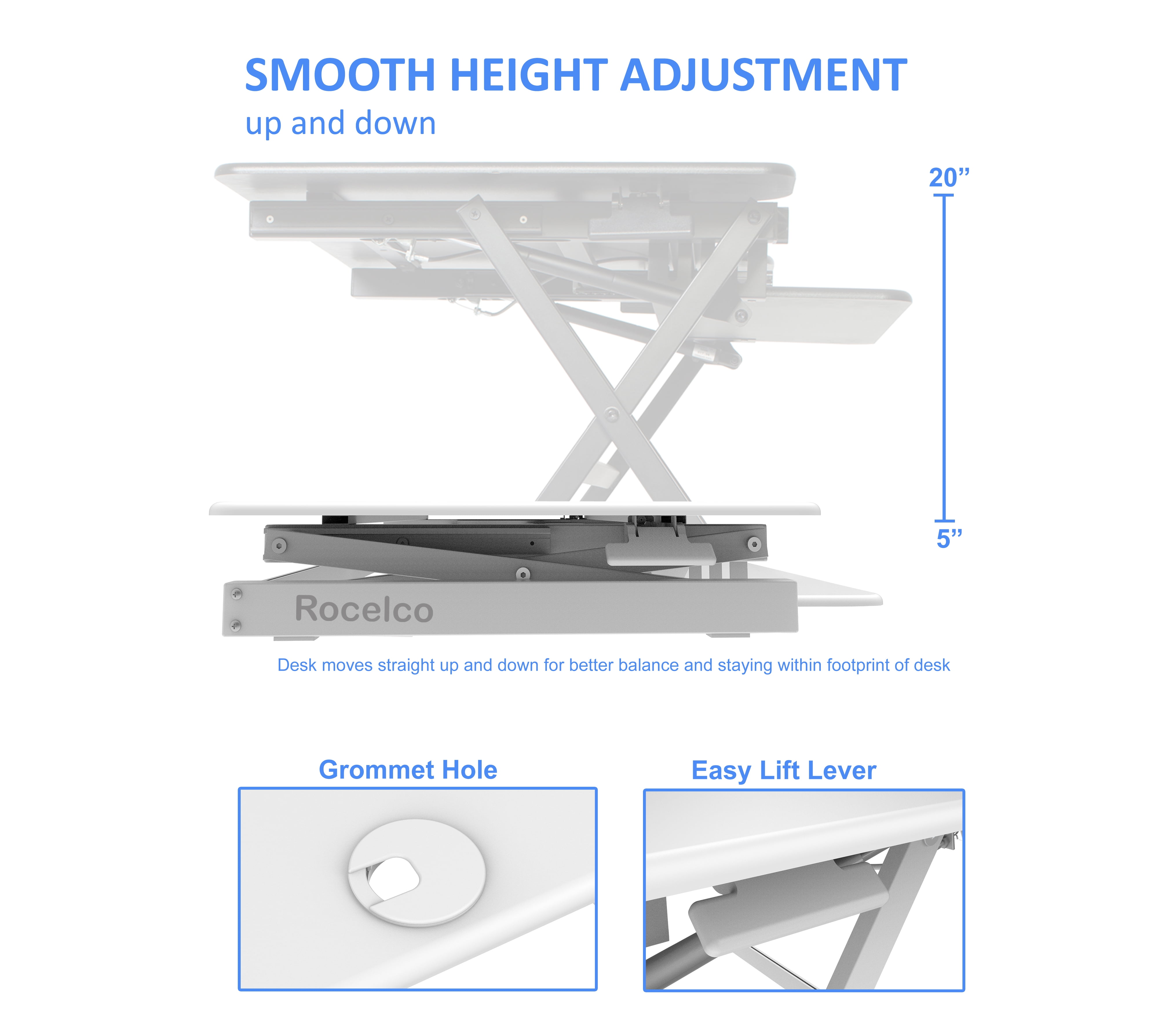 Rocelco 46" Large Height Adjustable Standing Desk Converter, Quick Sit Stand Up Triple Monitor Riser, Gas Spring Assist Computer Workstation, Retractable Keyboard Tray, White (R DADRW-46)